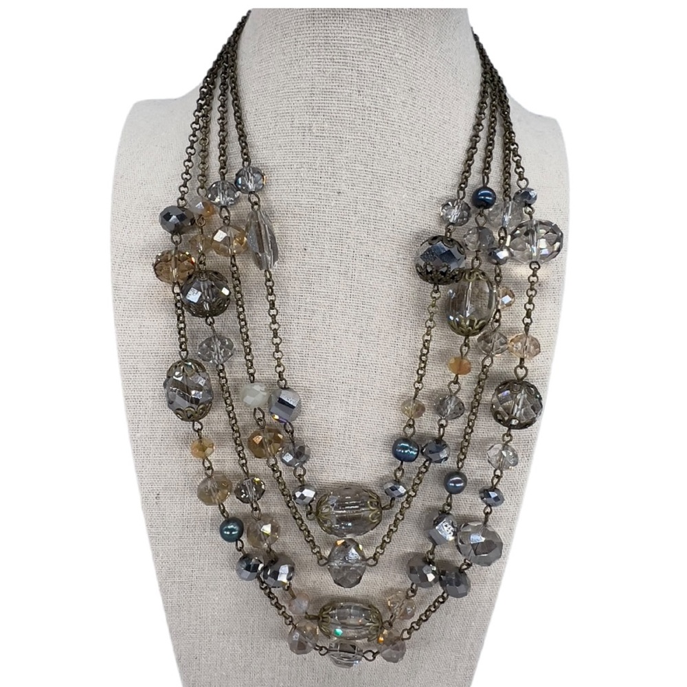 Signed Sweet Lola Bronze Tone Multi Chain Faceted Crystal Bead Necklace